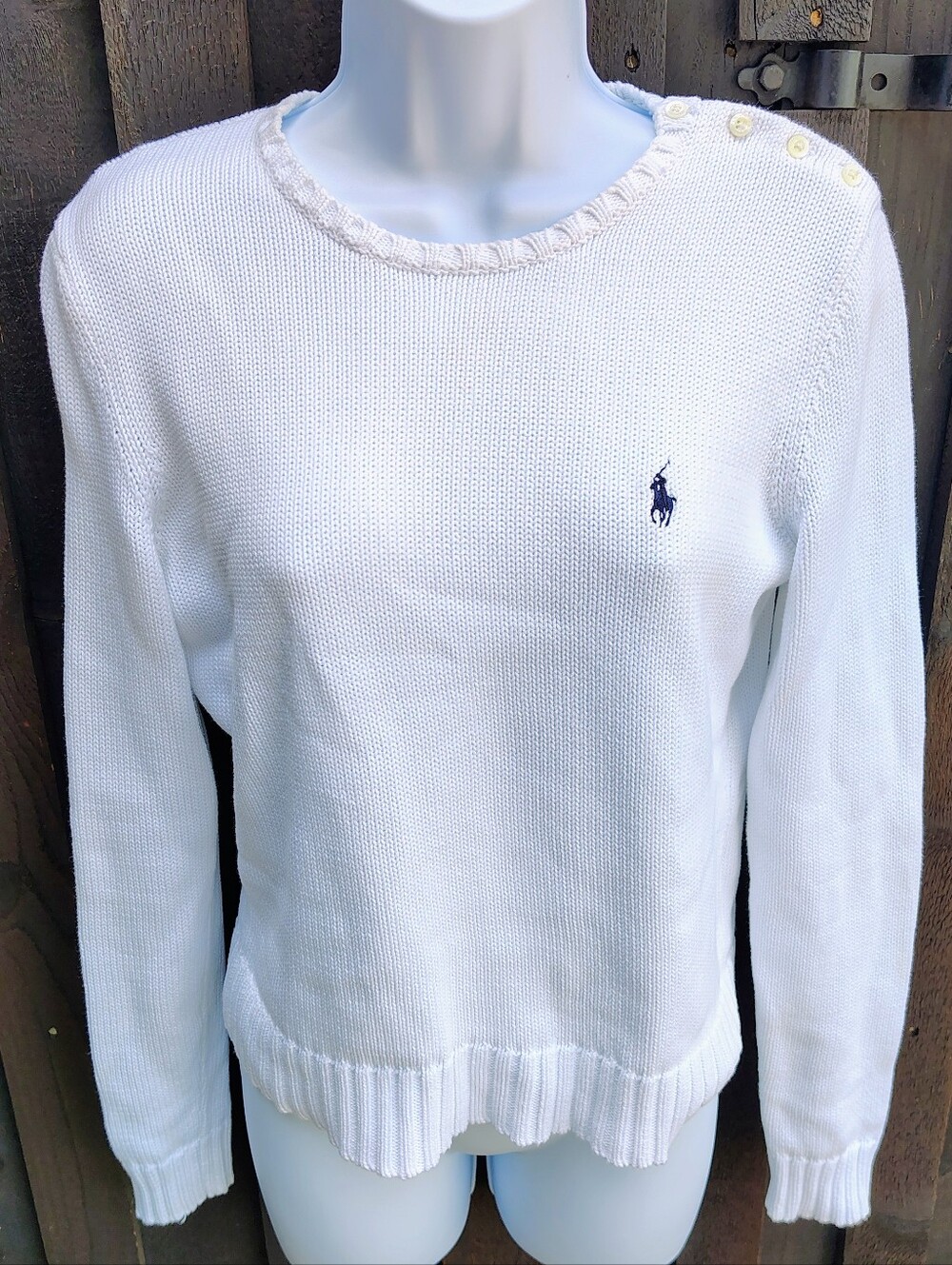 Ralph Lauren White Crewneck Sweater with Shoulder Buttons